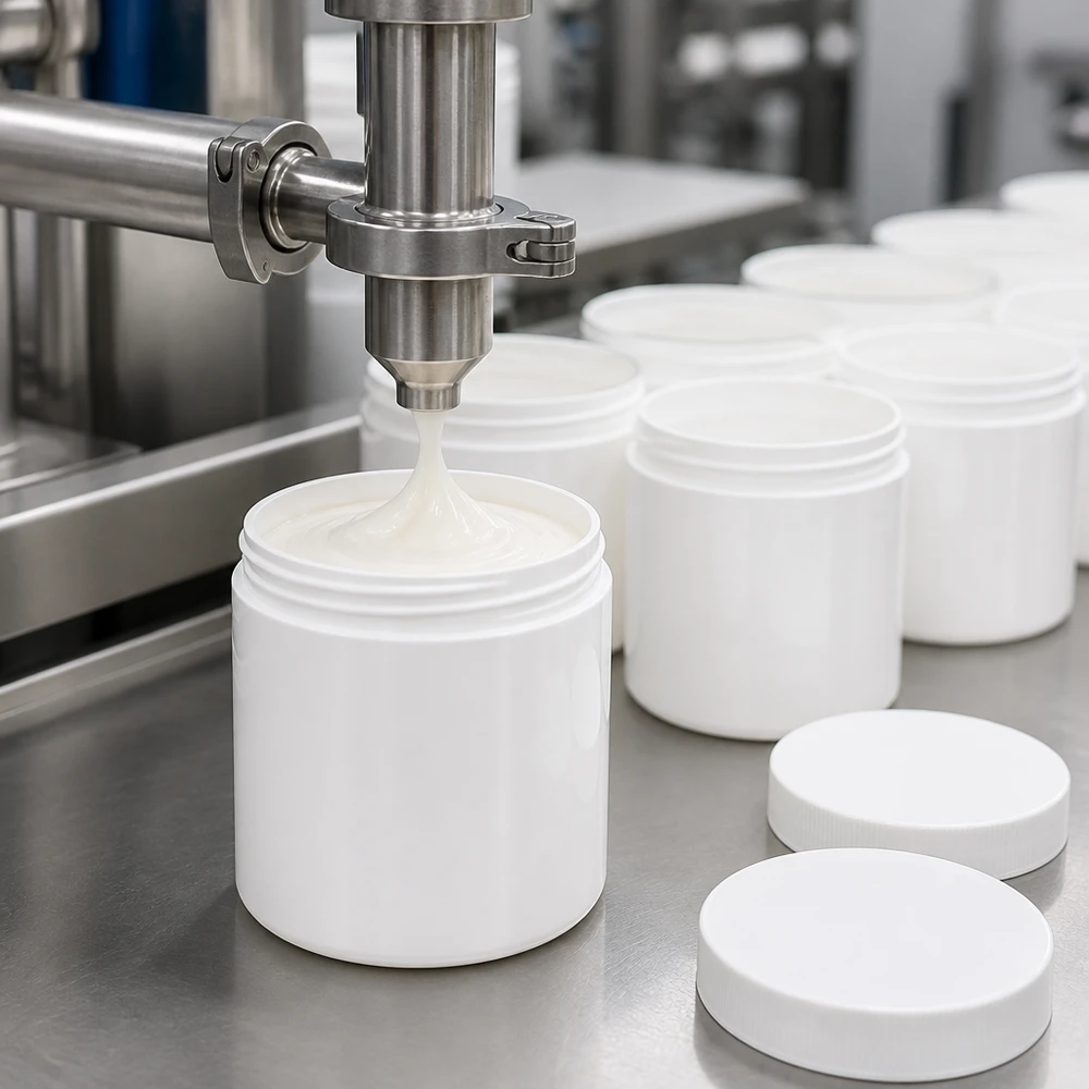 Zalfpot 500 g wit met schroefdeksel wit (PP) Automatisch vullen van cilindervormige zalfpotjes van 500 g, gemaakt van wit PP, met een romige massa