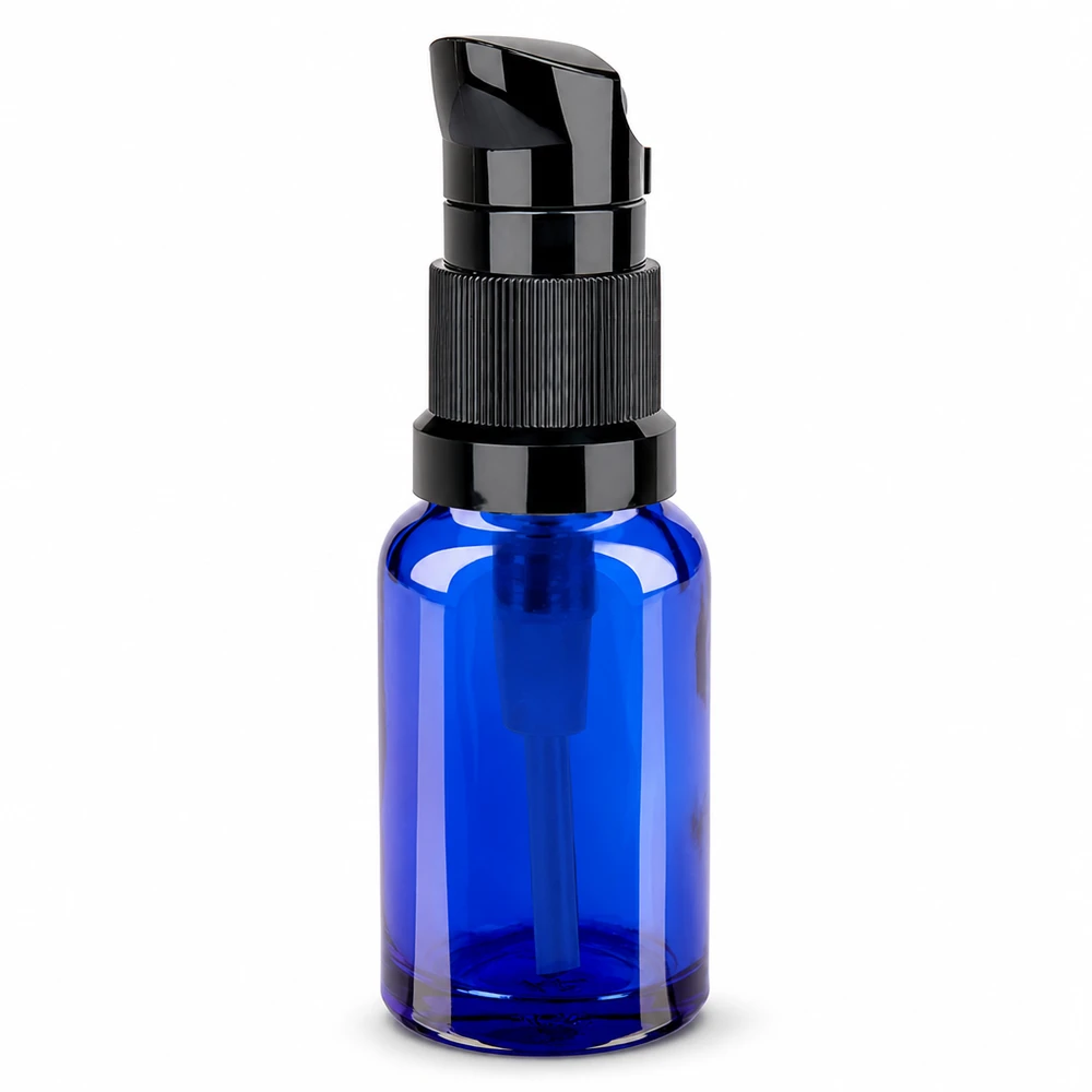 10ml pompflacon zwart STD BlueLine UT18/10 Compacte pompflacon 10ml zwart voor serum olie en essence met praktisch doseerhulpstuk