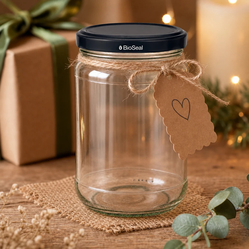 305ml rond glas met BioSeal deksel zwart UNiTWIST Decoratieve UNiTWIST inmaakpot Runda305 met cadeaulabel en zwart BioSeal deksel in een gezellige sfeer