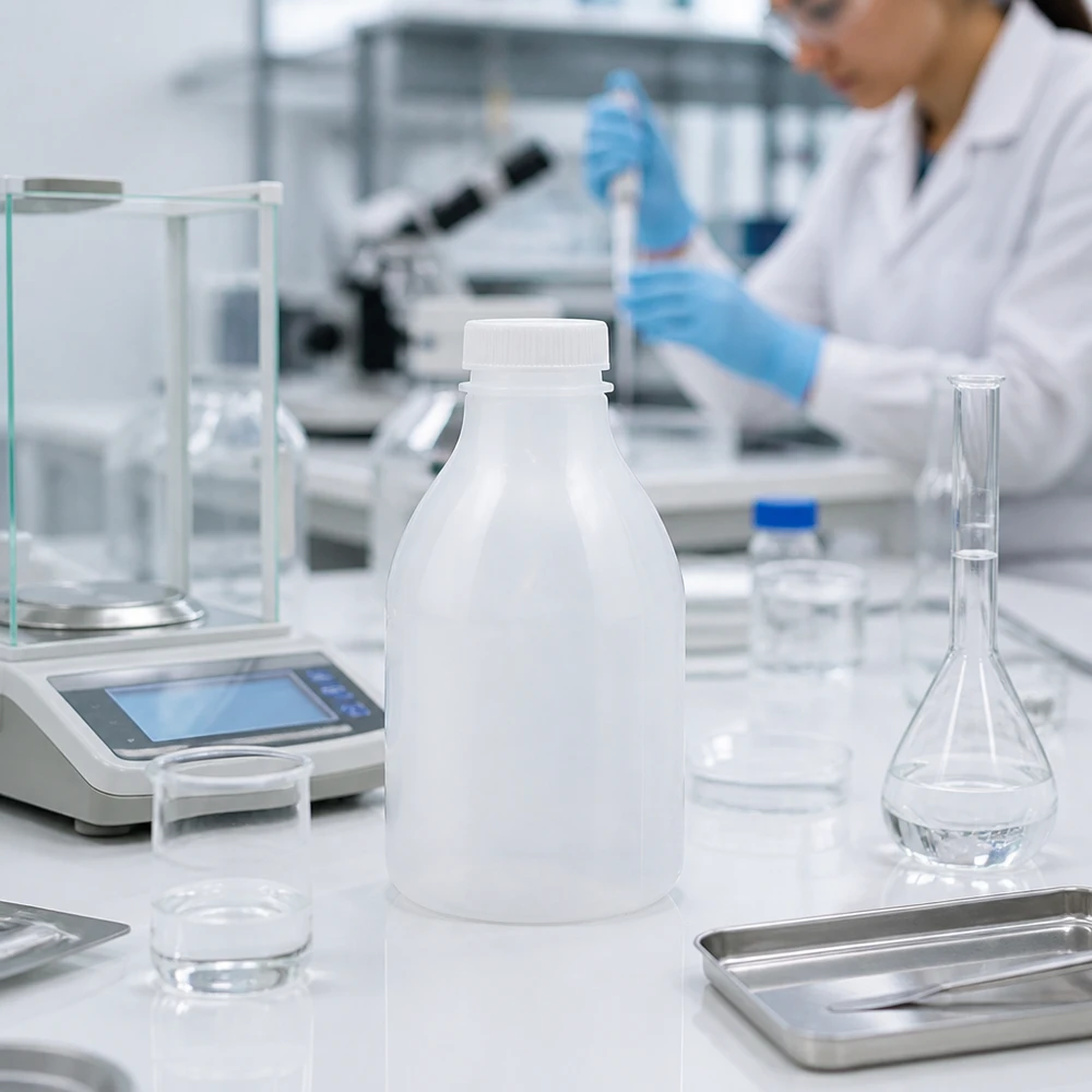 Een laboratoriumflesje met smalle hals van 30 ml zonder deksel, naast een pipet, een petrischaal en een metalen bakje in het laboratorium