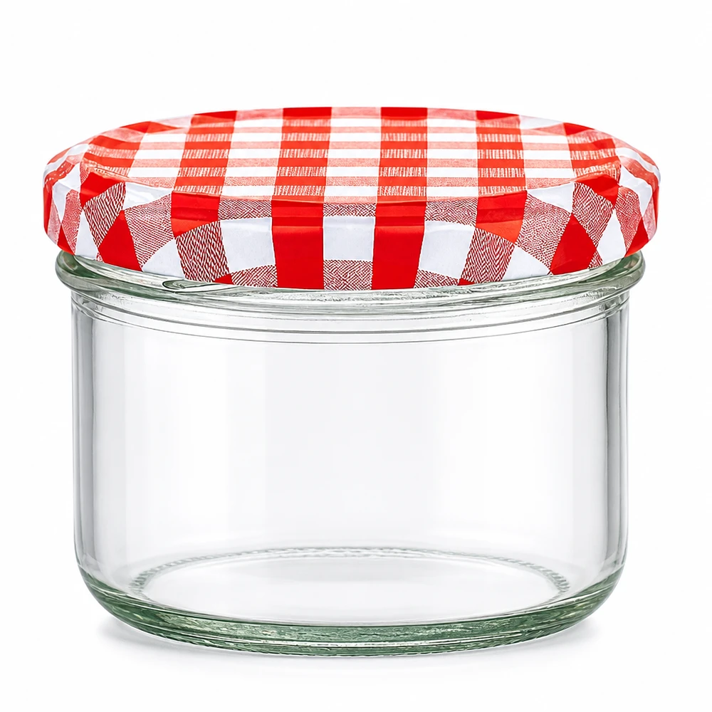 230ml cilindrische pot met BasicSeal deksel rood/wit UNiTWIST 230 ml cilindrische pot met rood en wit geblokt BasicSeal deksel UN sluiting voor conserveren en bewaren