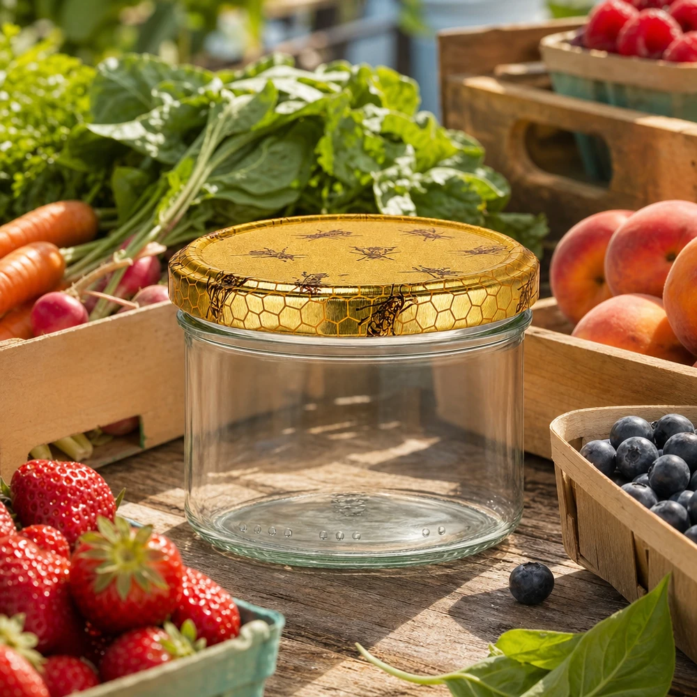 300g honingpot leeg met honingraatdeksel tussen vers fruit en groenten op een marktkraam als voorraadpot