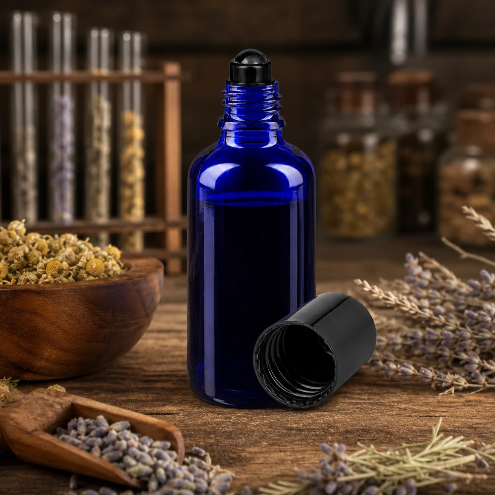 Roll-on-flacon 50 ml blauw van ApoGlas naast kamille-, lavendel- en kruidenpotjes