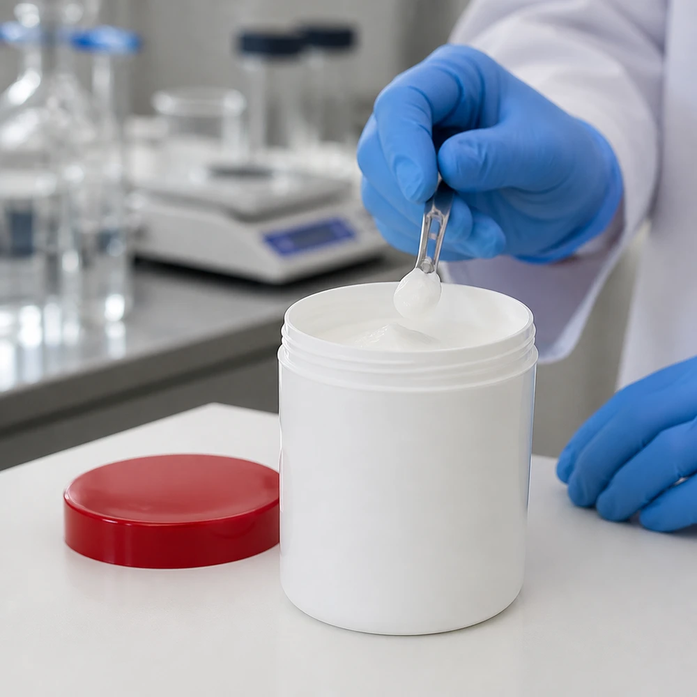 PP-zalfpotje 500 gram, wit met rode deksel, voor cosmetische preparaten