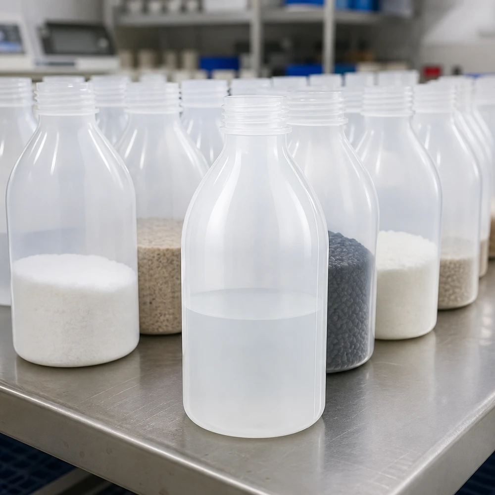 Nauwe hals laboratoriumfles 250ml zonder sluiting Lege laboratoriumfles van kunststof met smalle hals, 250 ml, zonder deksel, op de voorgrond in een laboratoriumomgeving