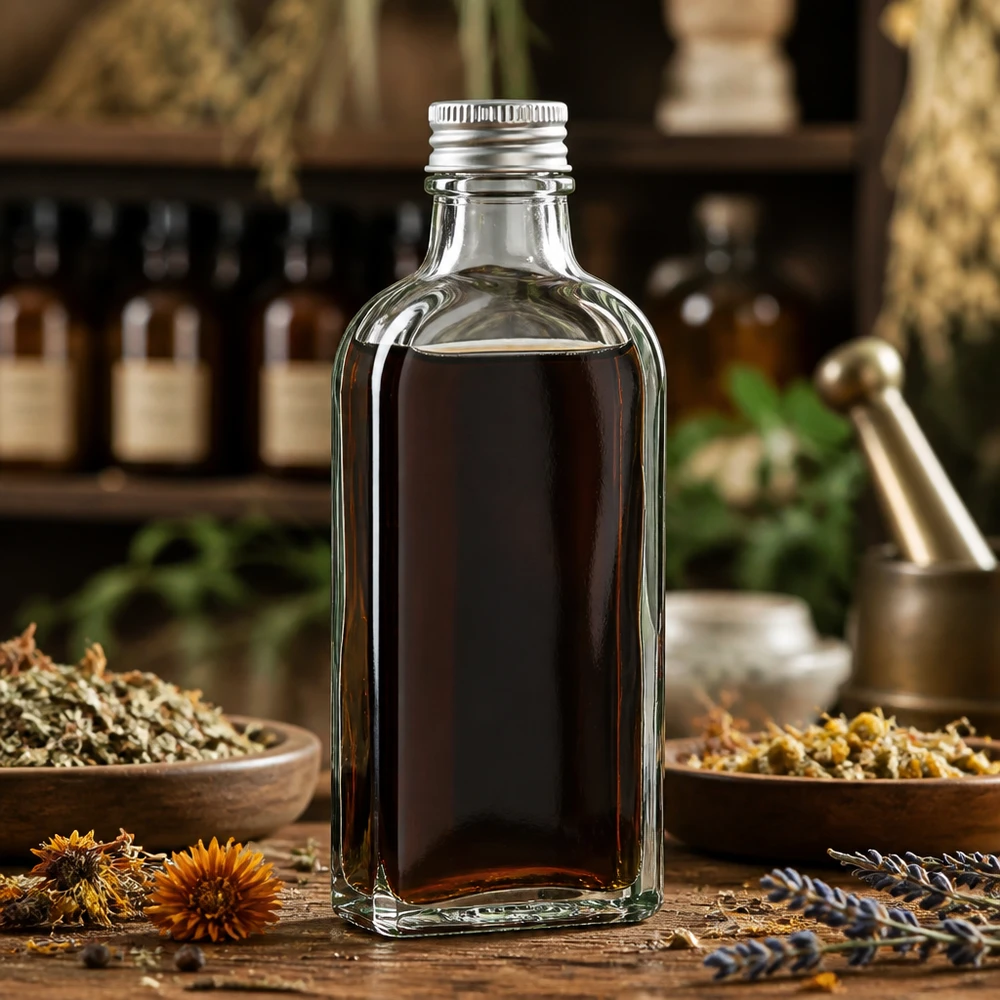 Kleine rechthoekige glazen fles van 100 ml, helder, DIN22, ideaal voor etherische oliën en tincturen