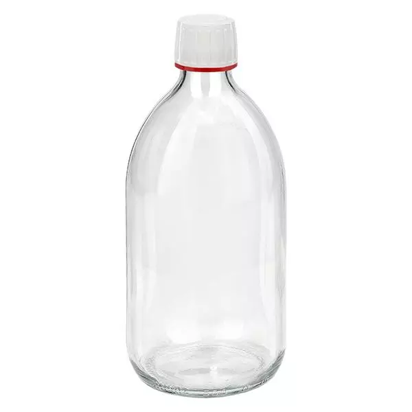 500ml medicijnfles helder, dop wit met tamper evident ring rood ApoGlas. Farmaceutische kwaliteit uit EU-productie. 28mm (PP28) schroefdraad. (siroop, licht glazen fles) 500ml medicijnfles helder, dop wit met tamper evident ring rood ApoGlas. Farmaceutische kwaliteit uit EU-productie. 28mm (PP28) schroefdraad. (siroop, licht glazen fles)