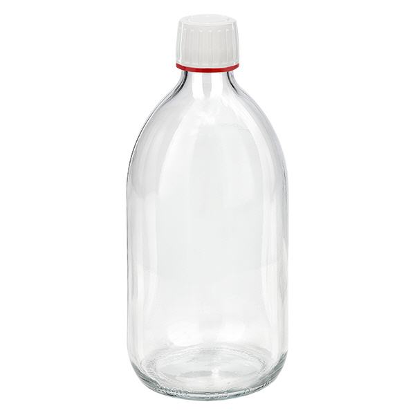 500ml medicijnfles helder, dop wit met tamper evident ring rood ApoGlas. Farmaceutische kwaliteit uit EU-productie. 28mm (PP28) schroefdraad. (siroop, licht glazen fles) 500ml medicijnfles helder, dop wit met tamper evident ring rood ApoGlas. Farmaceutische kwaliteit uit EU-productie. 28mm (PP28) schroefdraad. (siroop, licht glazen fles)