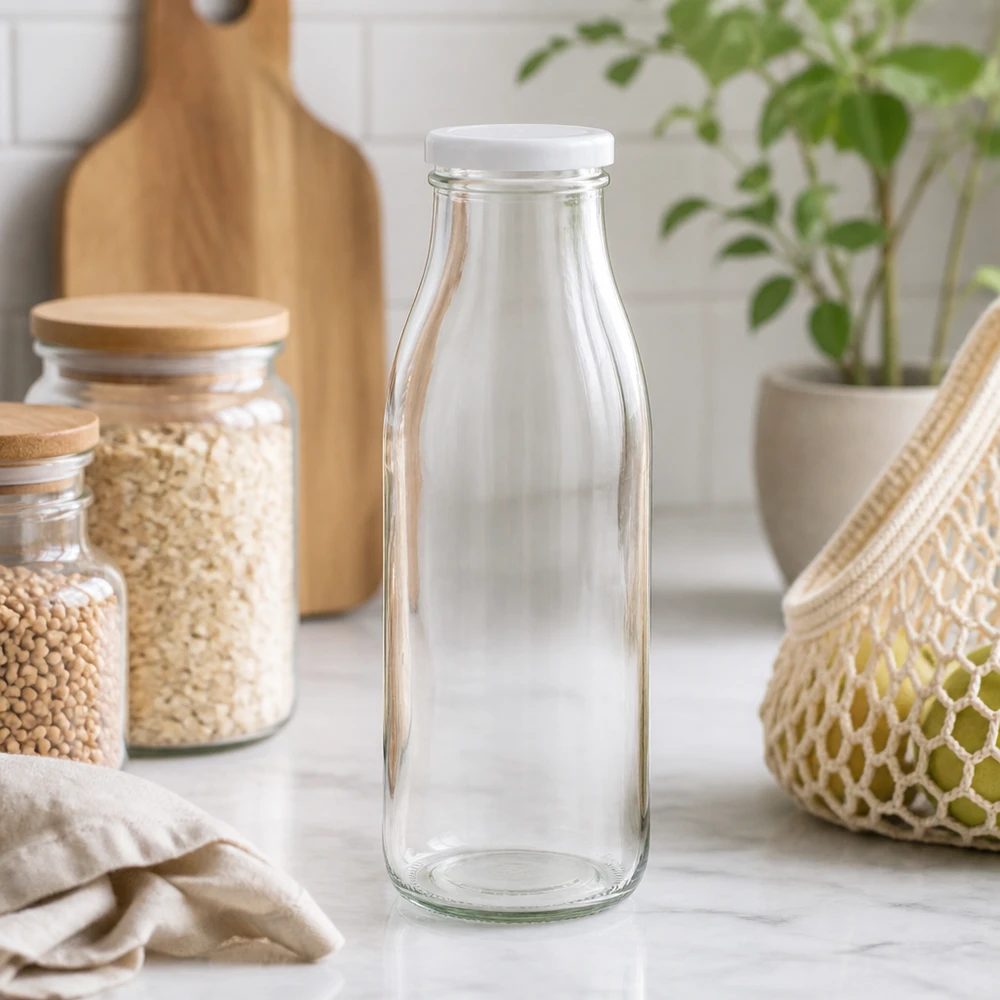 500ml glazen fles leeg in een natuurlijke keukenomgeving met voorraadpotten en planten Lifestyle foto