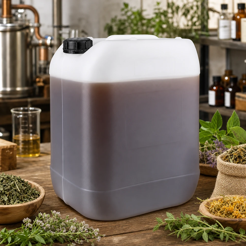 Stevige vloeistofcontainer van 20 liter met originele sluiting op een rustieke houten tafel met kruiden