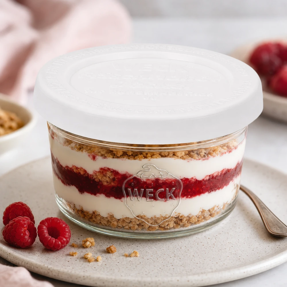 WECK 50ml bekers RR60 met gelaagd dessert en frambozen als dessertvariant op een witte serveerschaal