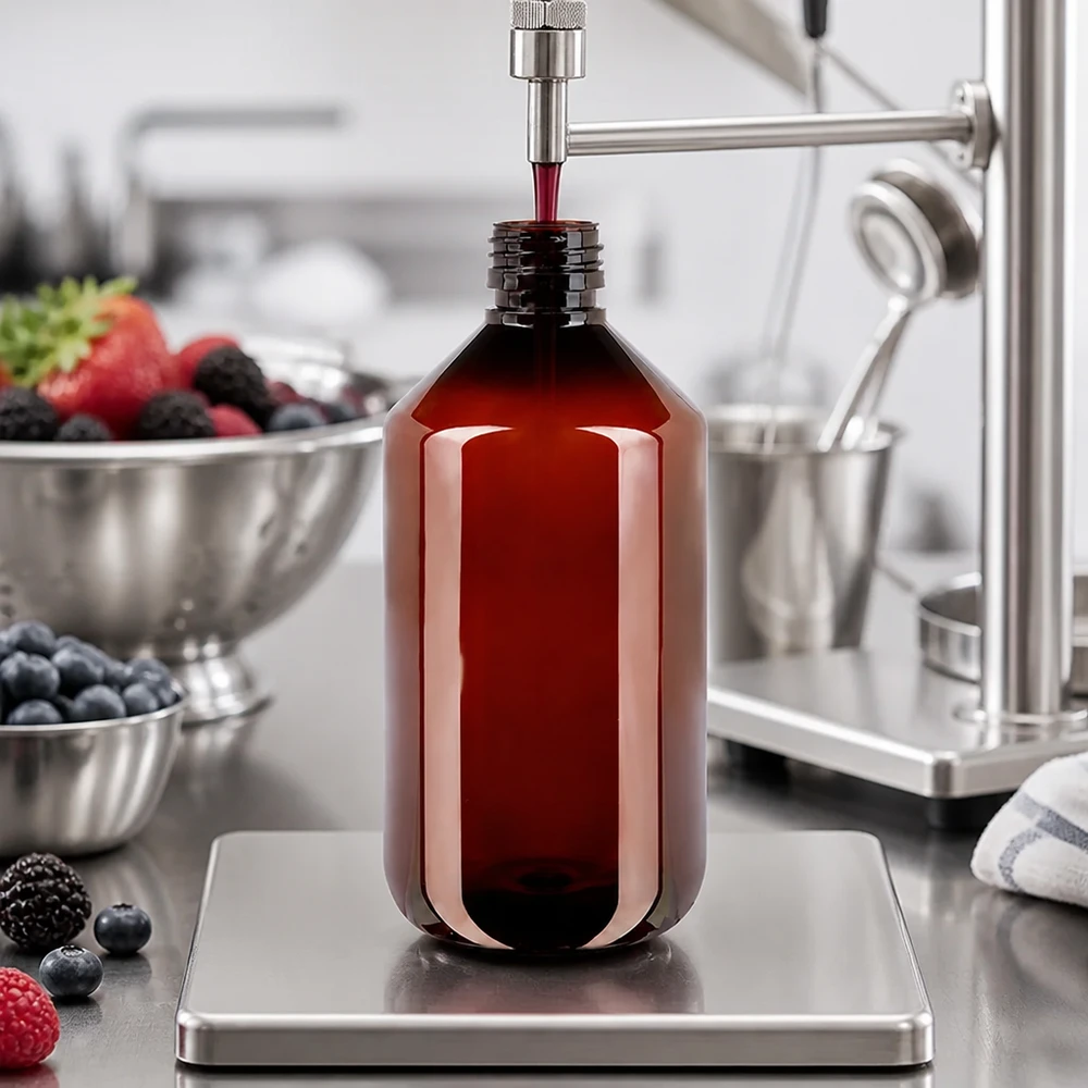 Hervulbare PET-fles van 500 ml voor vruchtensiroop met metalen pomp voor gebruik in de professionele keuken