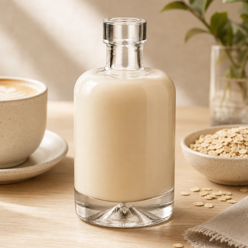 50 ml glazen fles 50ml Glasflasche "Amelie" ohne Verschluss UNiTWIST zonder sluiting UNiTWIST® 50ml glazen flesje Amelie gevuld met havermelk omringd door havervlokken toont gebruik voor plantaardig melkalternatief
