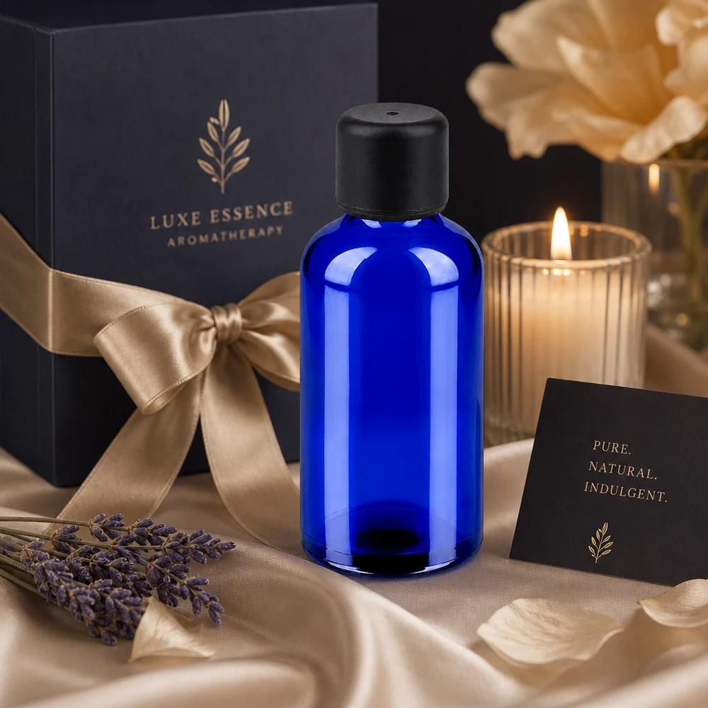 Professionele 50ml apothekersfles blauw met robuuste zwarte dop voor spa-toepassingen