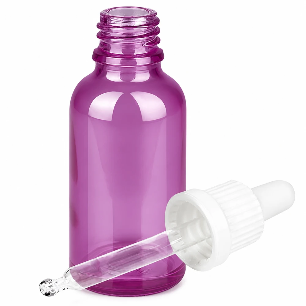 Hoogwaardige 30ml fles transparant paars met witte pipetdop UT18 schroefdraad