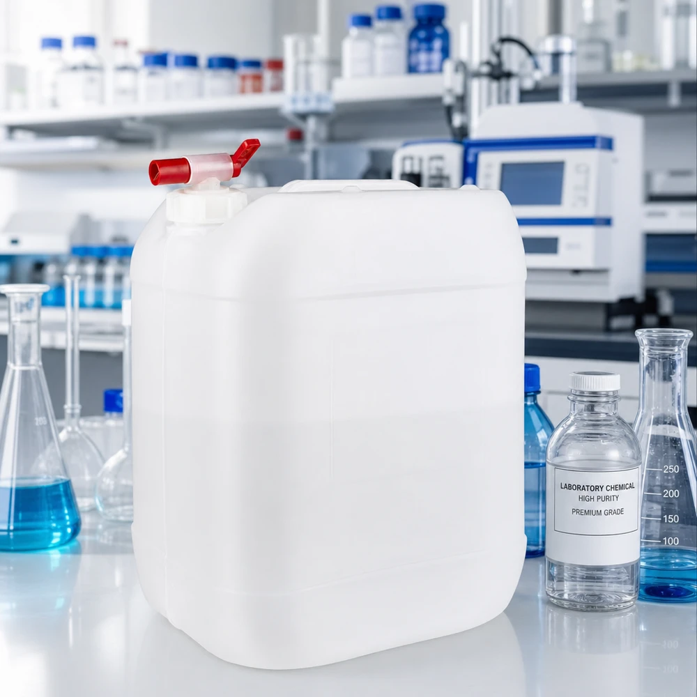 Stevige industriële jerrycan van 20 liter met tapkraan, naast laboratoriumflessen en Erlenmeyer-kolven
