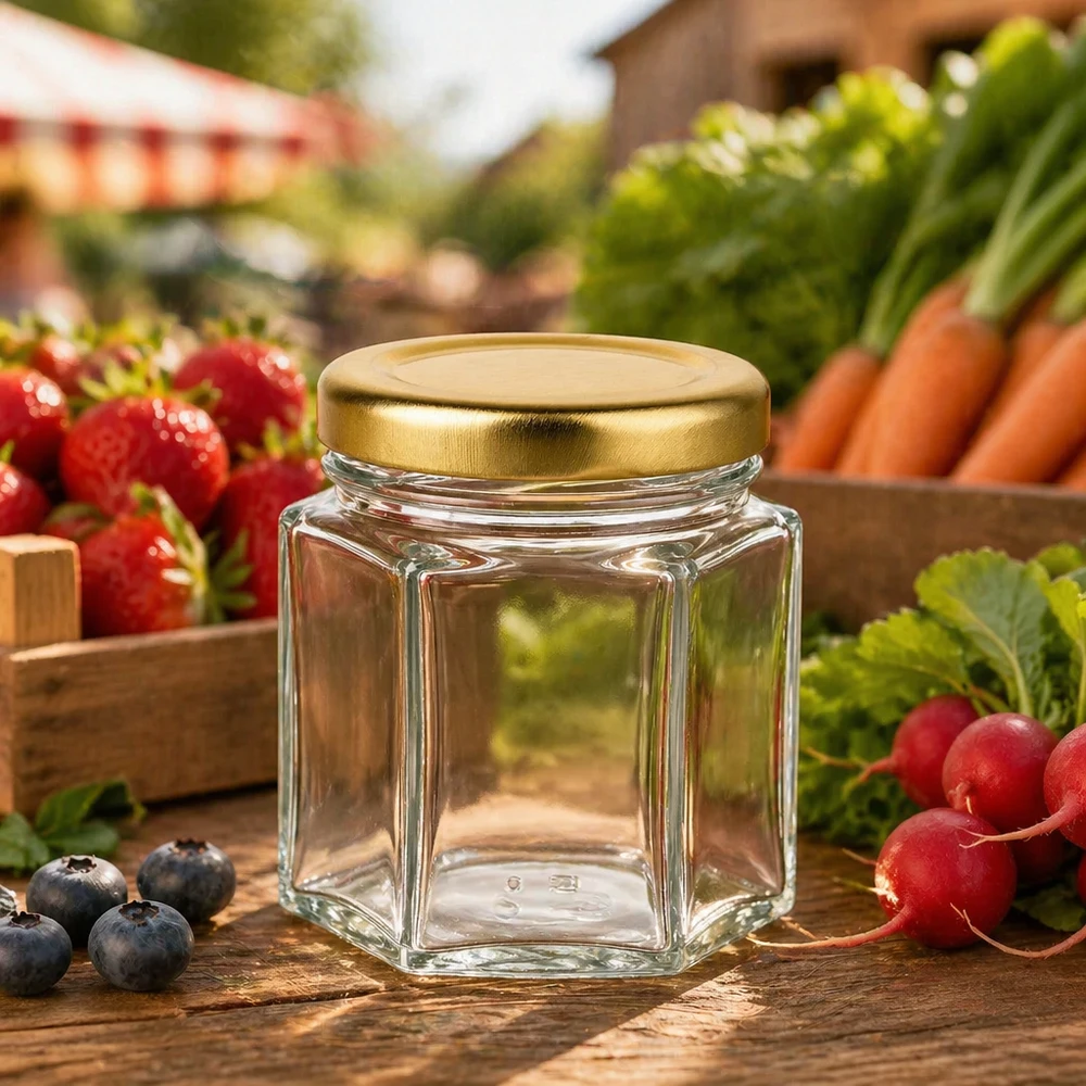 60g honingpotje zeshoekig leeg op houten tafel tussen verse marktgroenten aardbeien wortelen en radijzen