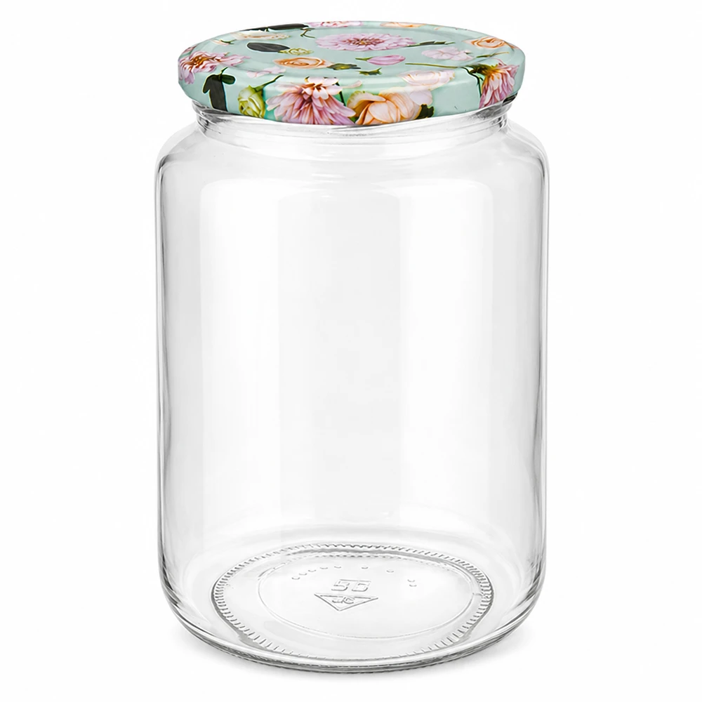 Ronde pot 795ml met bloemendeksel mint voor conserveren en bewaren, lege glazen pot met decoratief deksel