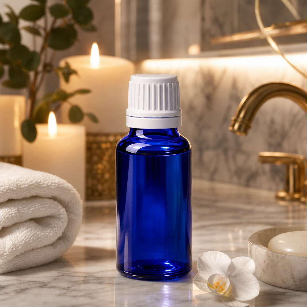 Lichtbestendig blauw glazen flesje van 20 ml met verzegelde dop voor oliën en essences