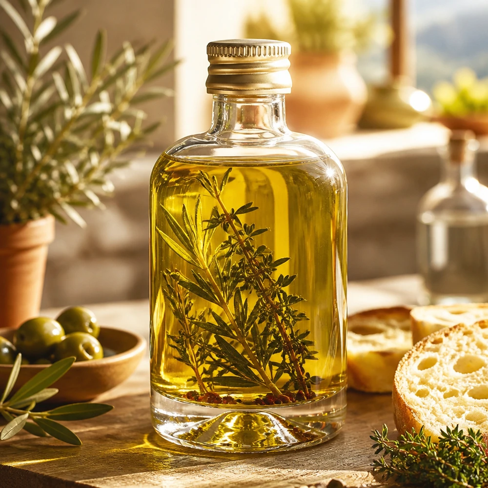 40ml Sara glazen flesje met kruidenolie en rozemarijntakjes - gouden UNiTWIST dop in mediterrane stijl