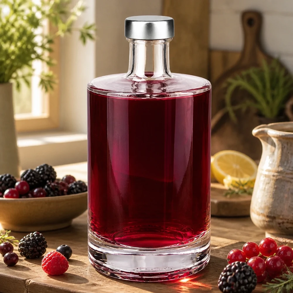 500 ml glazen fles Sam en schroefdop zilver UNiTWIST® 500ml Glasflasche Sam mit rotem Beerenlikör gefüllt zwischen Waldbeeren und Küchenutensilien natürliches Licht