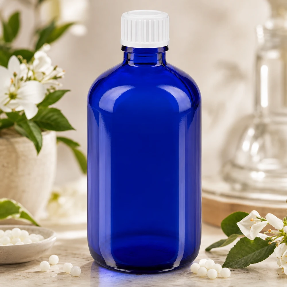 Blauwe glazen flessen 100ml met wit druppelsluiting 0.8mm St Blauwe glazen fles van 100 ml met een druppelopening van 0,9 mm, ideaal voor tincturen, essences en geneesmiddelen