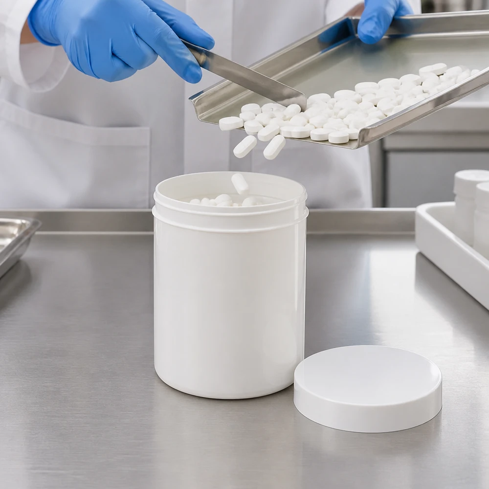 Medisch afvulproces in een witte PP-pot van 300 g met schroefdop op een roestvrijstalen tafel