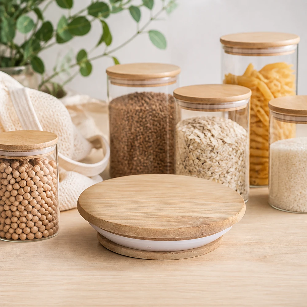 Moderne keuken voorraadpotten met WECK RR100 houten deksel versie A opslag granen pasta peulvruchten Scandinavisch