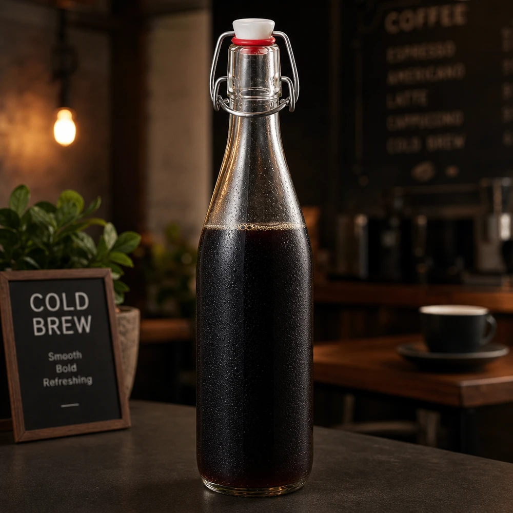 500ml glazen fles met draaidop gevuld met cold brew koffie in café sfeer naast reclamebord