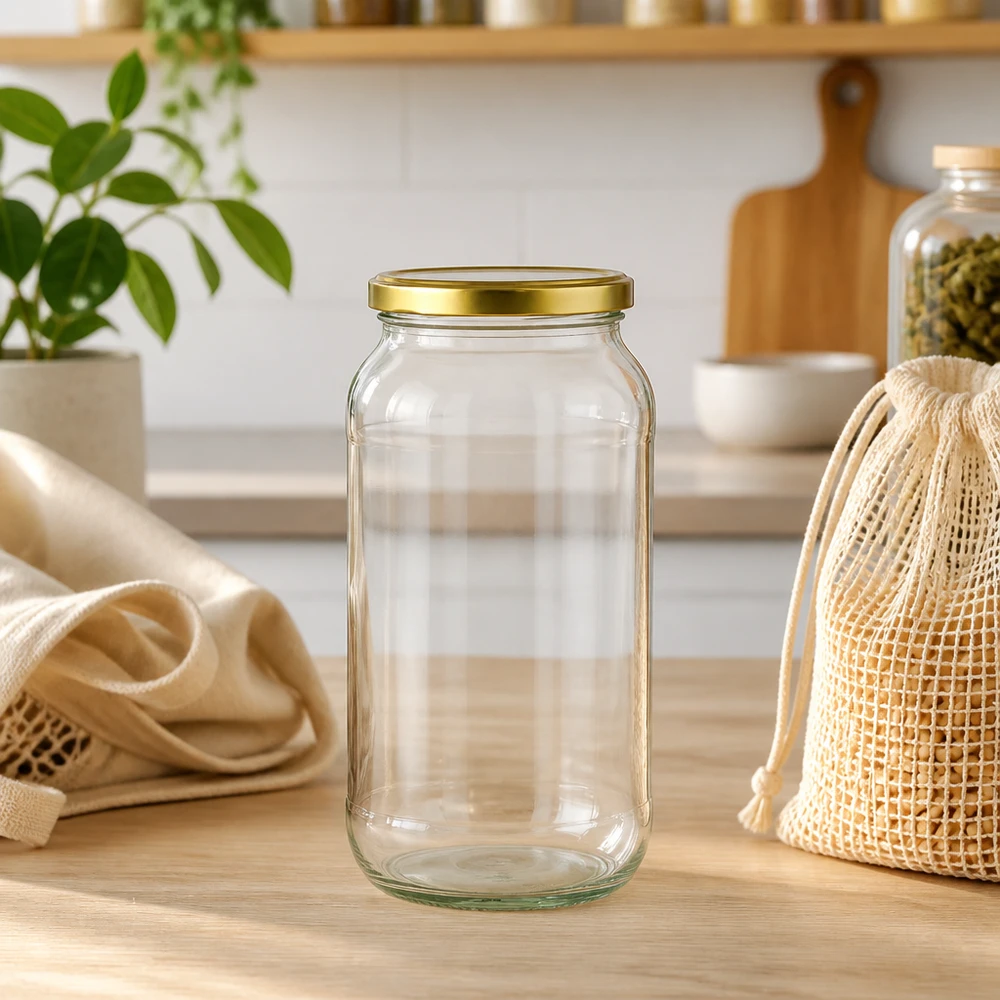1062ml ronde pot met gouden BasicSeal deksel op houten tafel tussen duurzame gaaszakken en keukenaccessoires