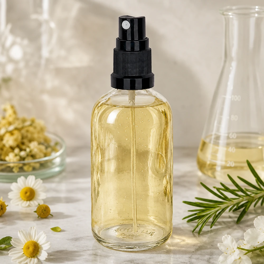 Kamille en rozemarijn natuurlijke cosmetica in een glazen spuitfles van 100 ml met een zwarte verstuiver