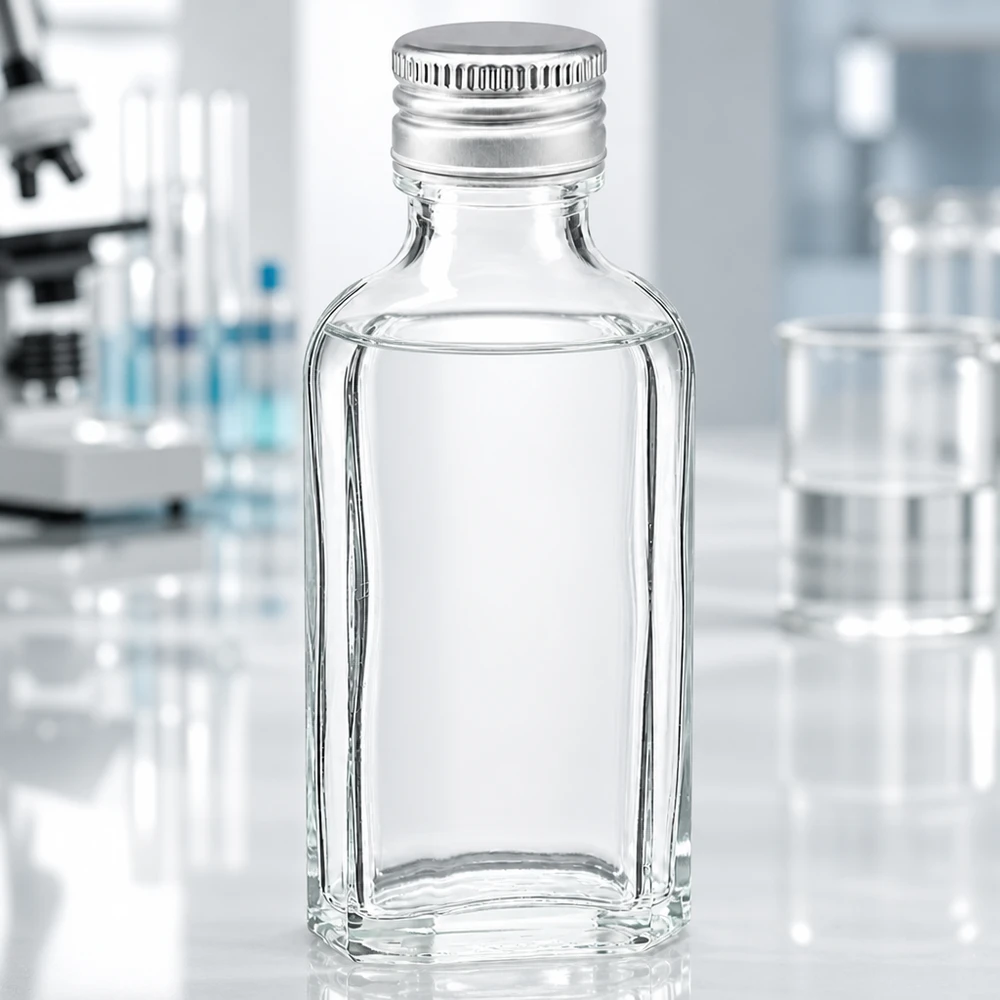 50 ml Meplat helder met aluminium dop zilver PP22 50 ml Meplat-flesje van wit glas met luchtdichte aluminium dop PP22, ideaal voor cosmetica en farmacie