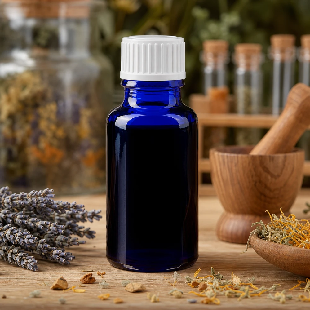 UV-beschermingsflesje van 20 ml, kobaltblauw met een witte kindveilige sluiting en lavendel