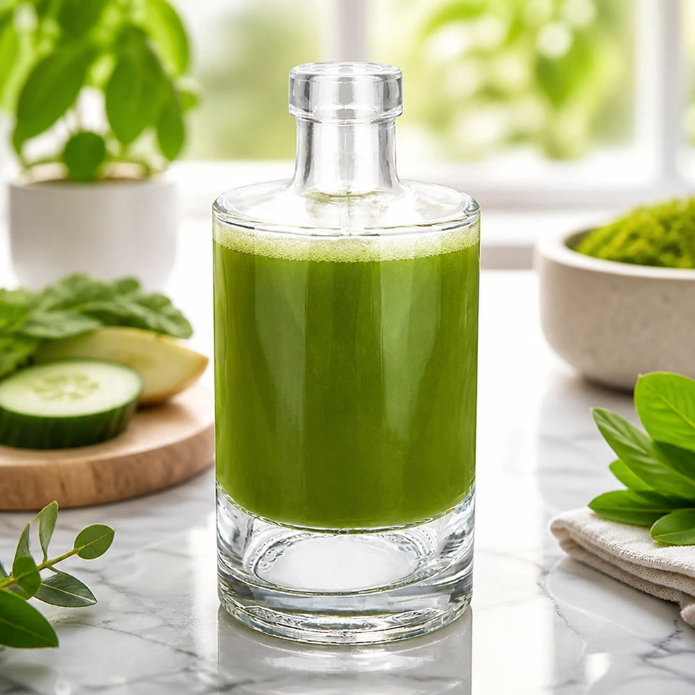 350 ml glazen fles Marie zonder sluiting UNiTWIST® 350ml Glasflasche Marie mit grünem Smoothie befüllt neben Gurken und Kräutern gesunde Ernährung Bild 4 von 10
