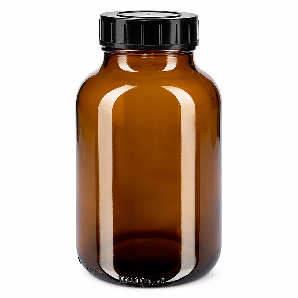Fles met wijde hals 1000 ml bruin glas met schroefdeksel 1000 ml fles met wijde hals van amberkleurig glas met zwarte schroefdop om te bewaren