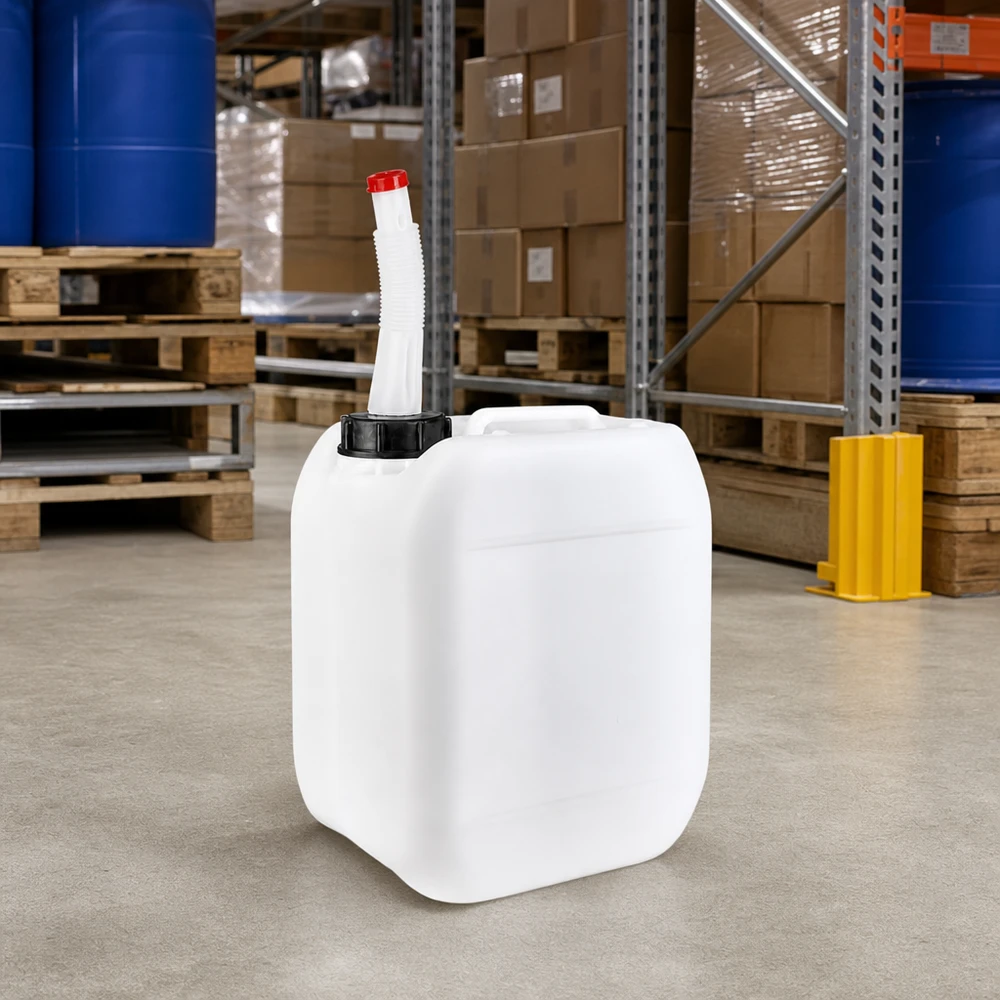 5L-jerrycan met uitloopbuis voor palletstellingen en blauwe industriële vaten op de achtergrond