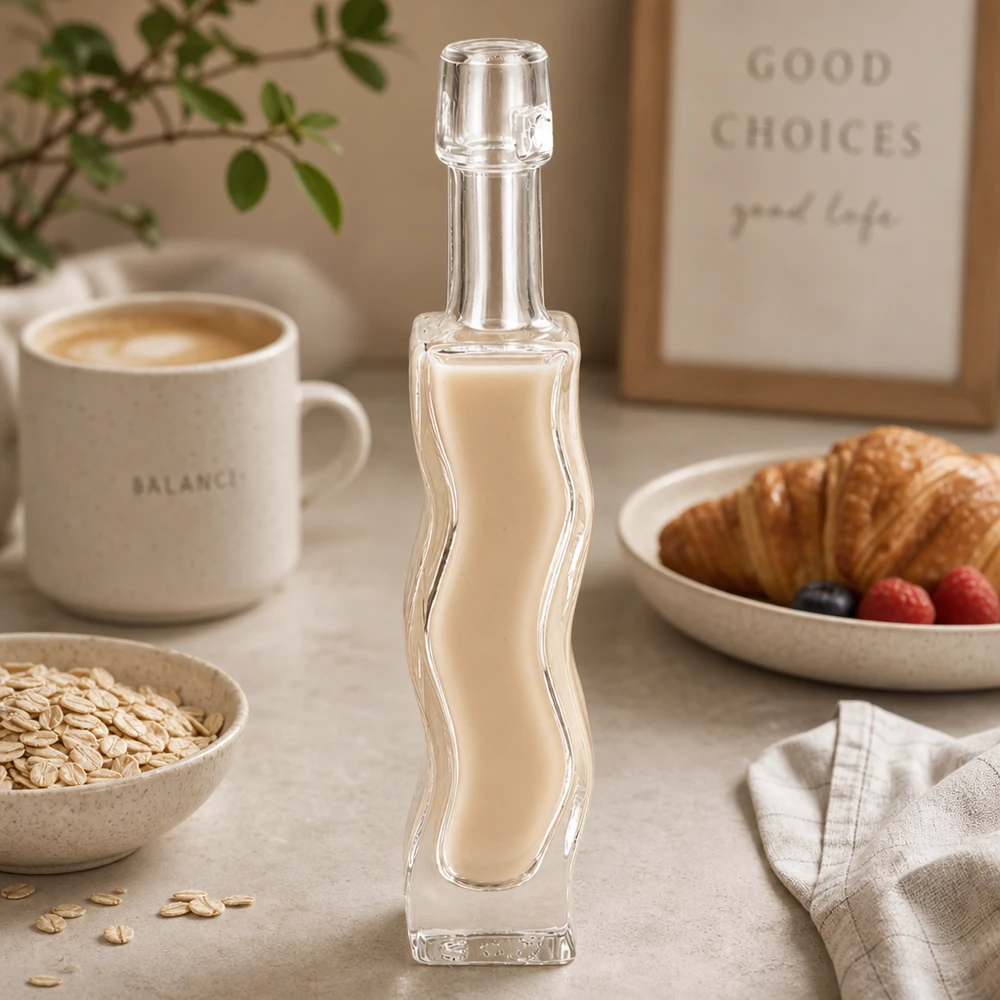 40 ml glazen fles Fila zonder beugel UNiTWIST® 40ml Glasflasche Anna mit cremigem Hafermilch-Getränk befüllt Frühstückstisch-Szenerie vegane Milchalternative Lifestyle