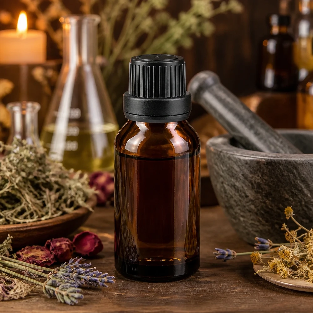 Donkere druppelfles van 15 ml met zwarte schroefdop op rustiek hout, met lavendel en rozenblaadjes