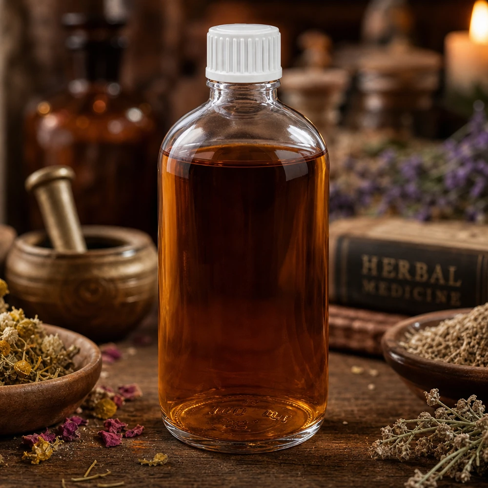 100ml druppelflesje 0.9mm wit STD ClearLine UT18/100 Amberkleurige vloeistof in een doorzichtige glazen druppelfles van 100 ml (UT18) met een opening van 0,9 mm en een witte dop