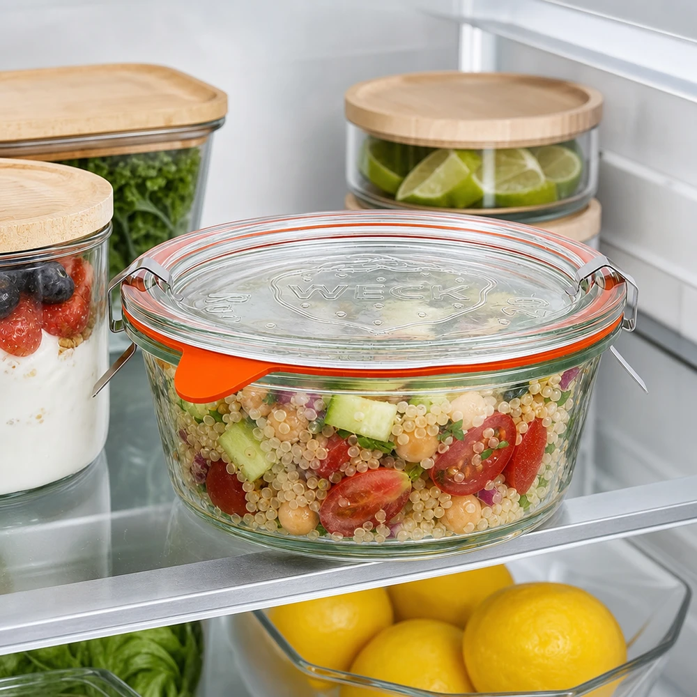 WECK gourmetpot 300ml RR120 in de koelkast met quinoa salade, meal prep opslag naast andere voorraadpotten