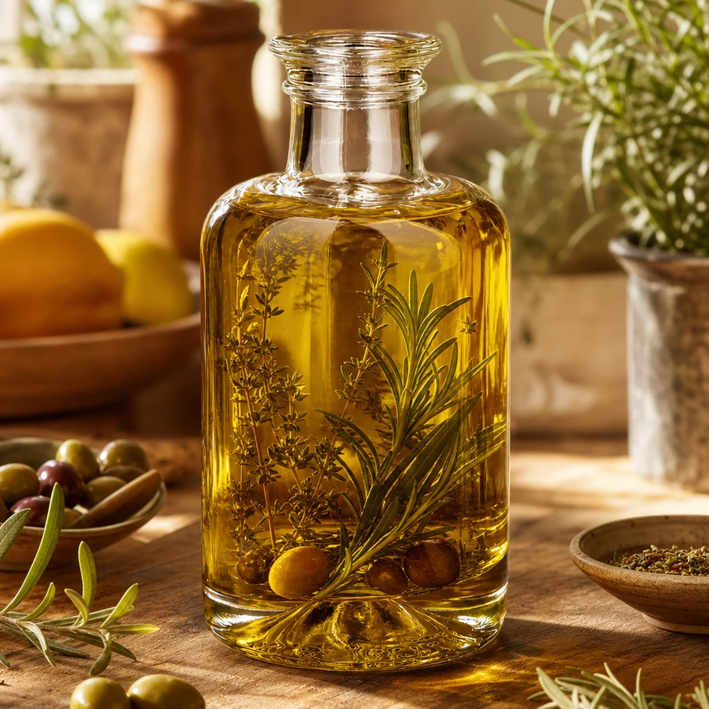 100 ml glazen fles Sofia gevuld met kruidenolie decoratief gerangschikt met olijven en verse kruiden op een houten tafel