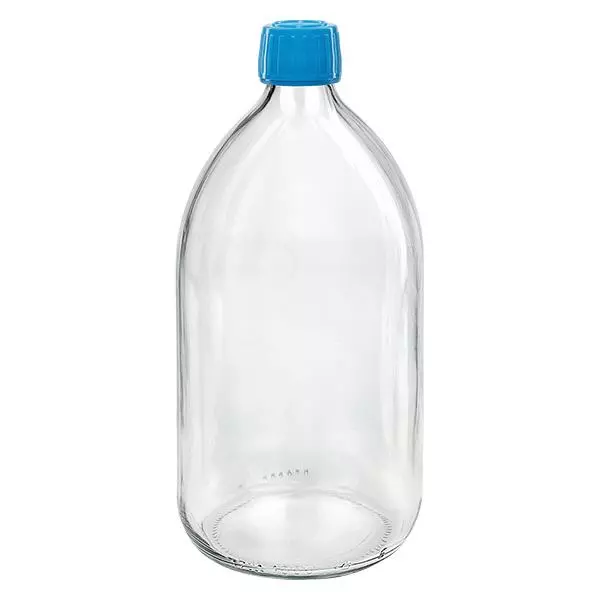 1000ml Euro-medicijnfles helder met blauwe schroefsluiting VR 1000ml Euro-medicijnfles helder met blauwe schroefsluiting VR