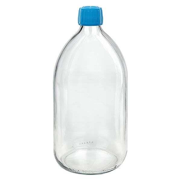 1000ml Euro-medicijnfles helder met blauwe schroefsluiting VR 1000ml Euro-medicijnfles helder met blauwe schroefsluiting VR