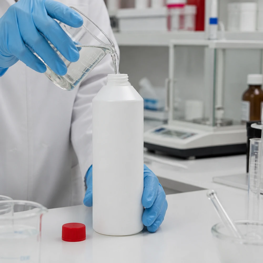 Afvullen met handschoenen aan in een witte HDPE-fles van 250 ml met rode dop; laboratoriumomgeving