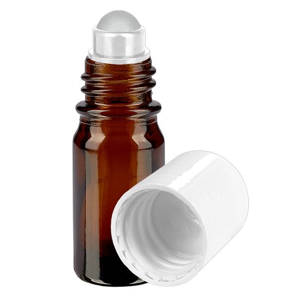 Apothekersflesje bruin 5ml roll-on dop wit Apothekersflesje bruin 5ml roll-on dop wit