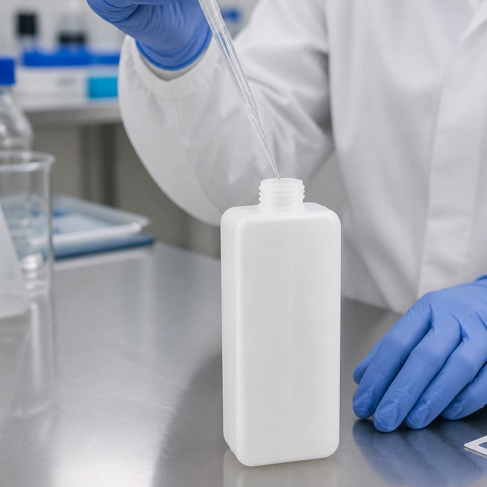 Chemiebestendige PE-HD-fles met smalle hals, 1000 ml, GL 32, op een roestvrijstalen laboratoriumwerktafel