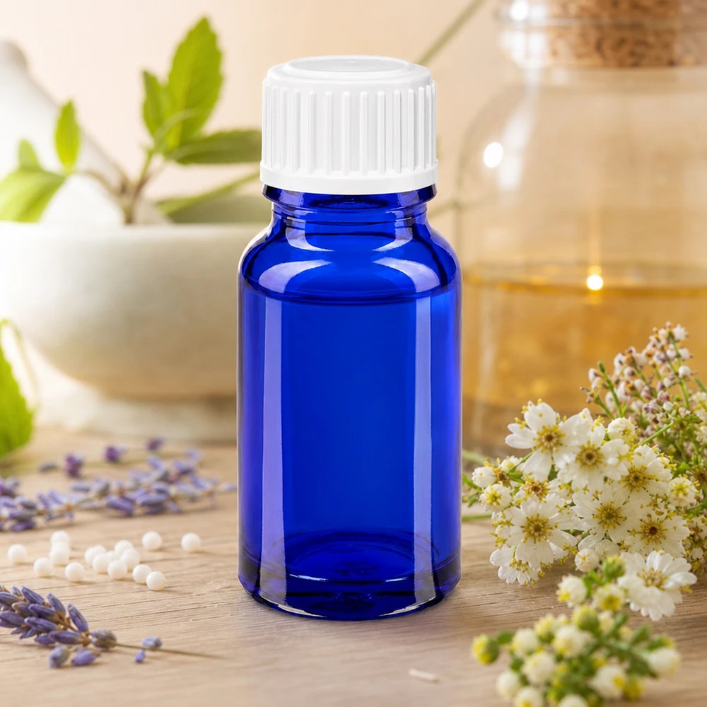 Blauw glazen flesje van 10 ml voor globuli en etherische oliën, met een witte druppeldop