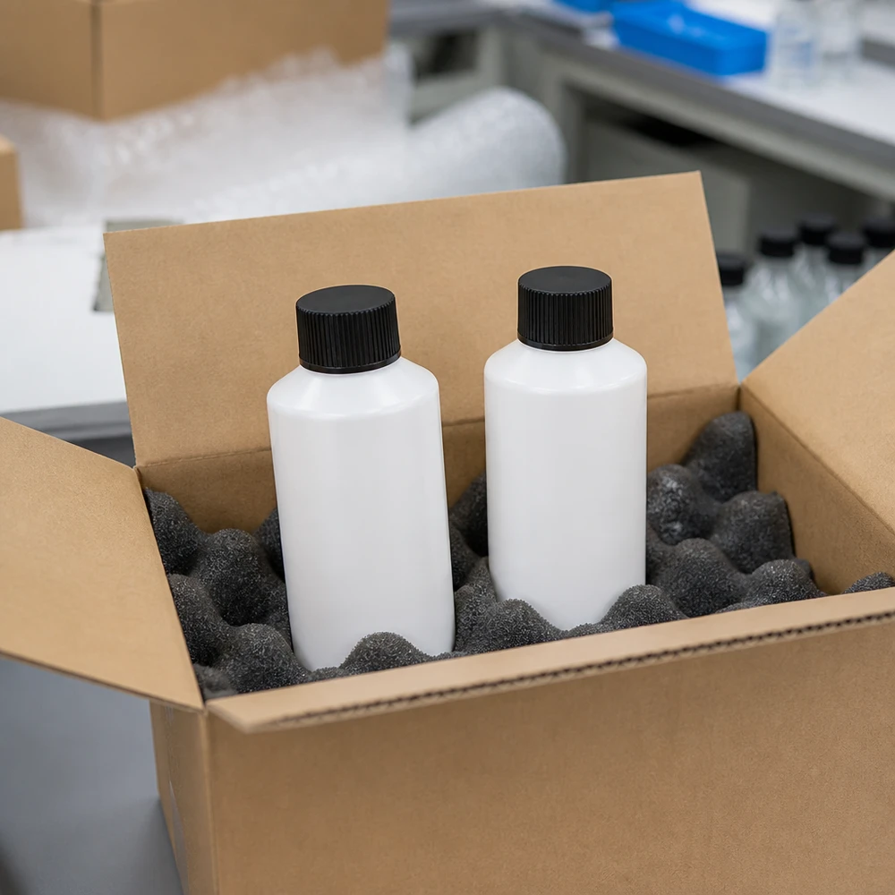 Twee HDPE-flessen van 100 ml, opgeslagen in een transportverpakking met schuimrubberen bekleding voor een veilige verzending