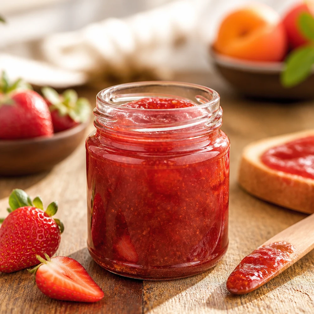 53ml rond glas zonder deksel (TO43) UNiTWIST Runda53 rond glazen potje 53 ml TO43, helder glas, waardoor de felrode aardbeienjam zichtbaar is door de transparante glazen wand