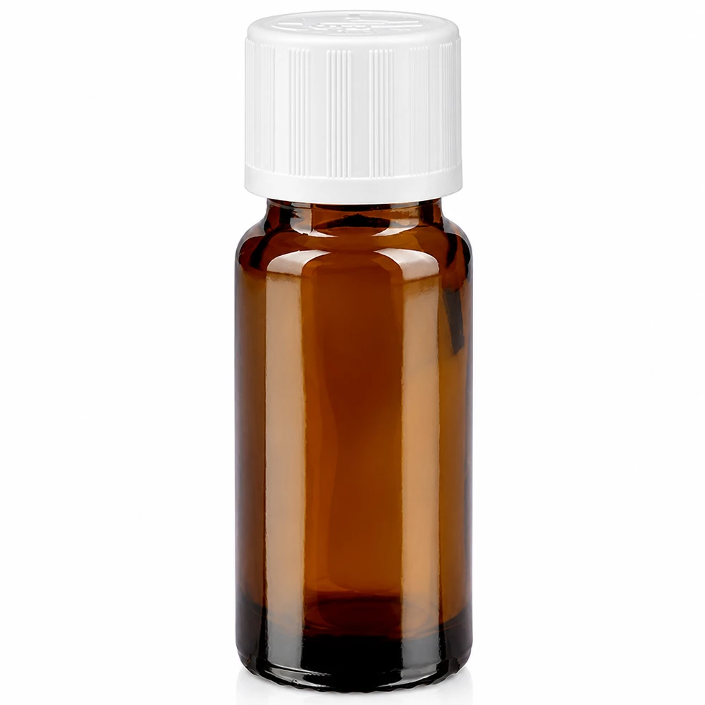 Bruine glazen fles 10ml met wit druppelsluiting kinderslot St Apotheekglasflesje van 10 ml van bruin glas met UV-bescherming en witte veiligheidsdop STD